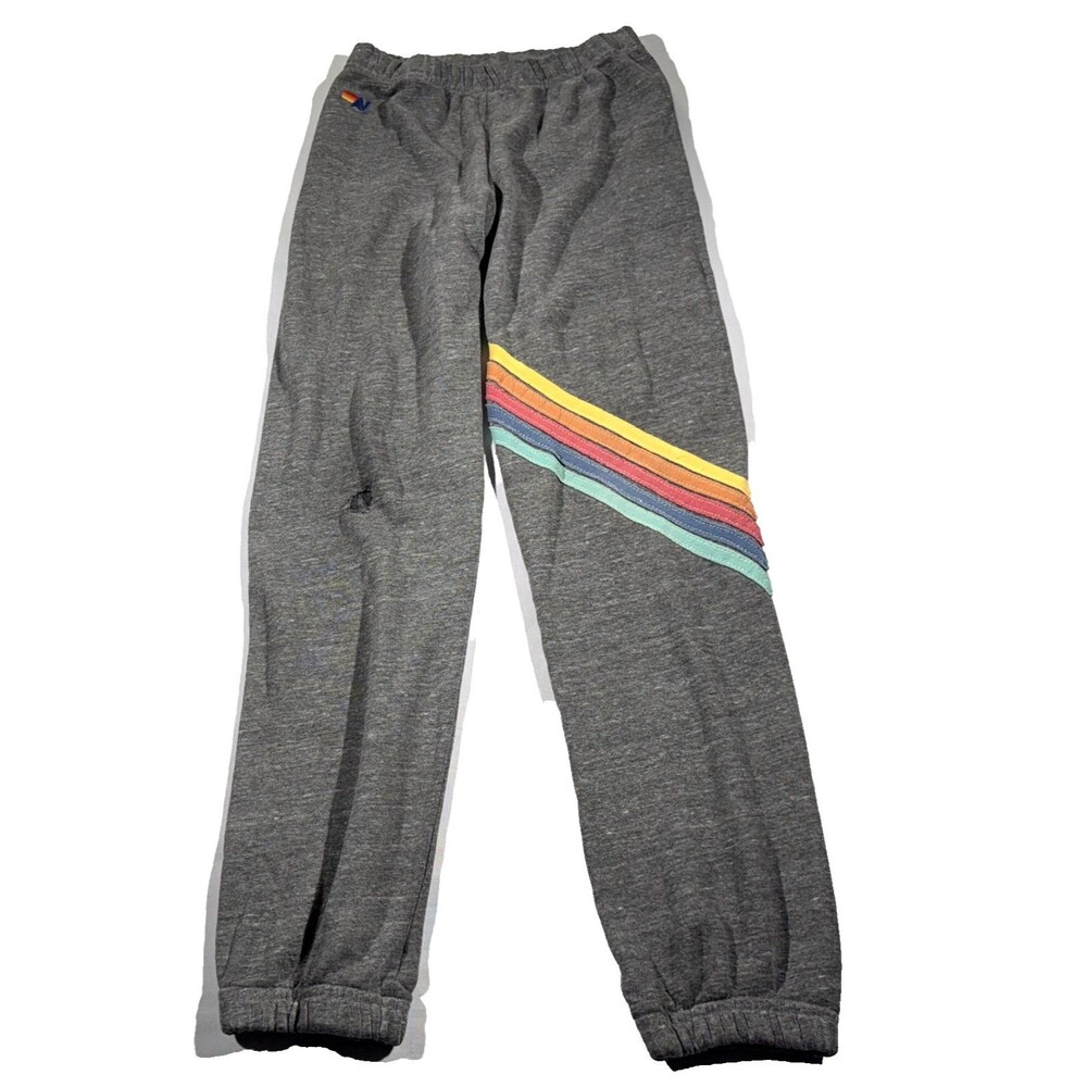 FLAWS Aviator Nation Chevron Rainbow 5 Stripe Gray Sweatpants Sz 10 Youth KIDS